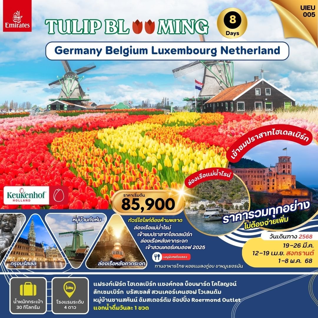 TULIP BLOOMING เยอรมัน ลักเซมเบิร์ก เบลเยี่ยม เนเธอร์แลนด์ 8 วัน-EK